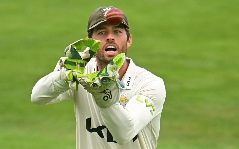 Ben Foakes of Surrey gathers the ball during Day Three of the LV= Insurance County Championship Division 1 match between Somerset and Surrey at The Cooper Associates County Ground on July 27, 2023 in Taunton, England