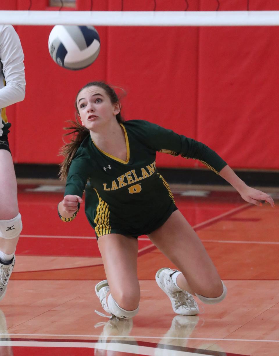 Lakeland's Kelly Mallon digs the ball during a match at Somers Sept. 28, 2022. Lakeland won 3 sets to 0.