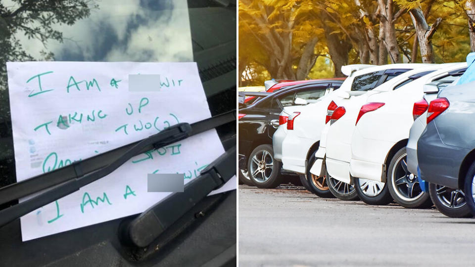 The note spotted on the windshield, in Sydney's Newtown, was scribbled in green marker and read "I am a f***wit, taking up two parking spots". 