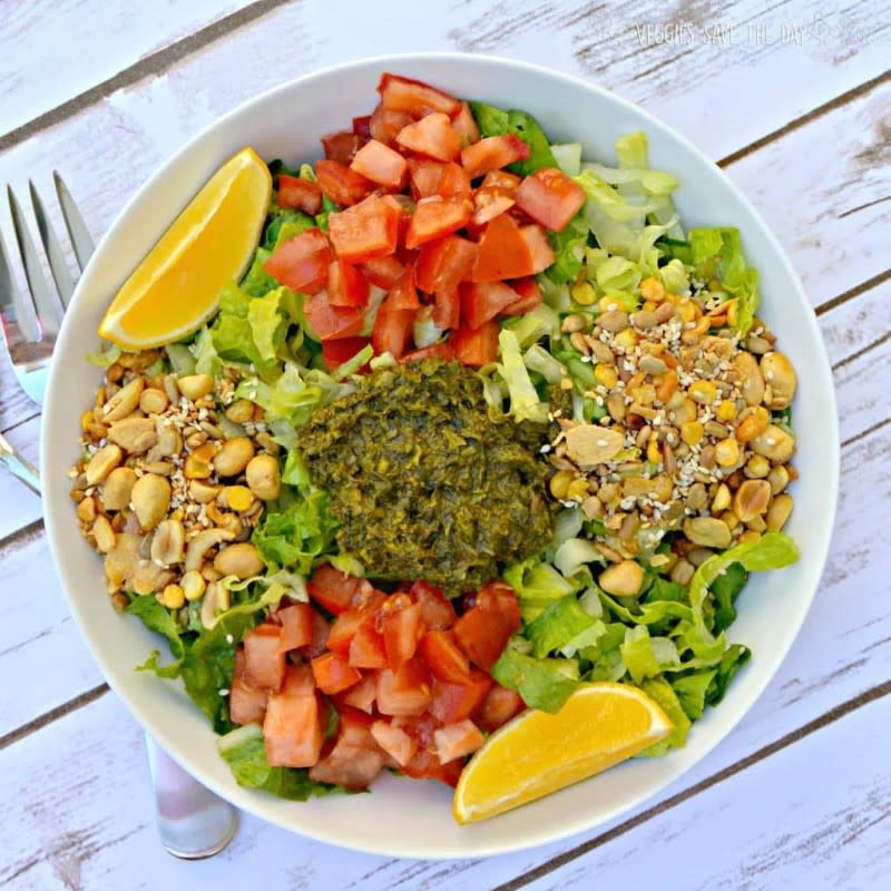 <p>Amy Katz</p><p>If you've never tried Burmese Tea Leaf Salad, you're missing out on a simple green salad mixed in a light and flavorful dressing, topped with a crunchy nut blend.</p><p><strong>Recipe here:</strong> <a href="/1196342/kelli_acciardo/burmese-tea-leaf-salad/" data-ylk="slk:Burmese Tea Leaf Salad;elm:context_link;itc:0;sec:content-canvas" class="link "><strong>Burmese Tea Leaf Salad</strong></a></p>