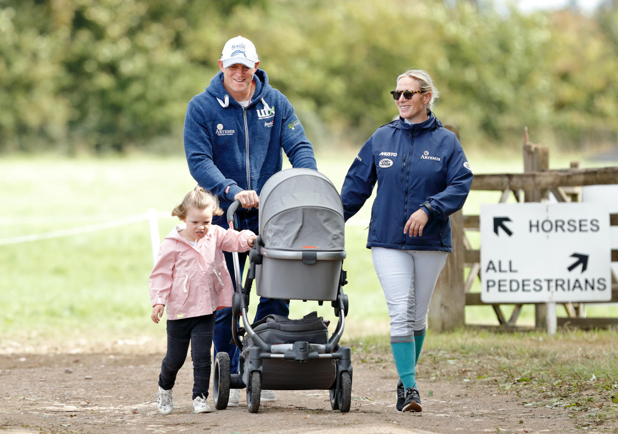 STROUD, UNITED KINGDOM - SEPTEMBER 09: (EMBARGOED FOR PUBLICATION IN UK NEWSPAPERS UNTIL 24 HOURS AFTER CREATE DATE AND TIME) Mike Tindall and Zara Tindall with their daughters Mia Tindall and Lena Tindall (in her pram) attend day 3 of the Whatley Manor Horse Trials at Gatcombe Park on September 9, 2018 in Stroud, England. (Photo by Max Mumby/Indigo/Getty Images)