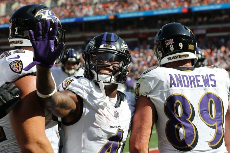 Baltimore Ravens wide receiver Zay Flowers (C) celebrates during a win over the Cleveland Browns on Sunday in Cleveland. Photo by Aaron Josefczyk/UPI