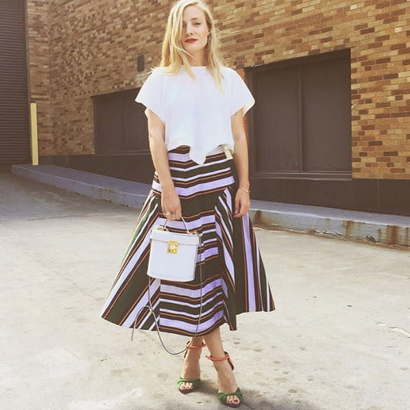 Kate Foley in a striped skirt and crop top at New York Fashion Week 2015. (Photo: Instagram) 