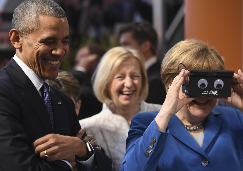 Obama and German Merkel visit the IFM&nbsp;electronics stand at the Hannover Messe industrial trade fair on April 25 in Hanover, Germany.