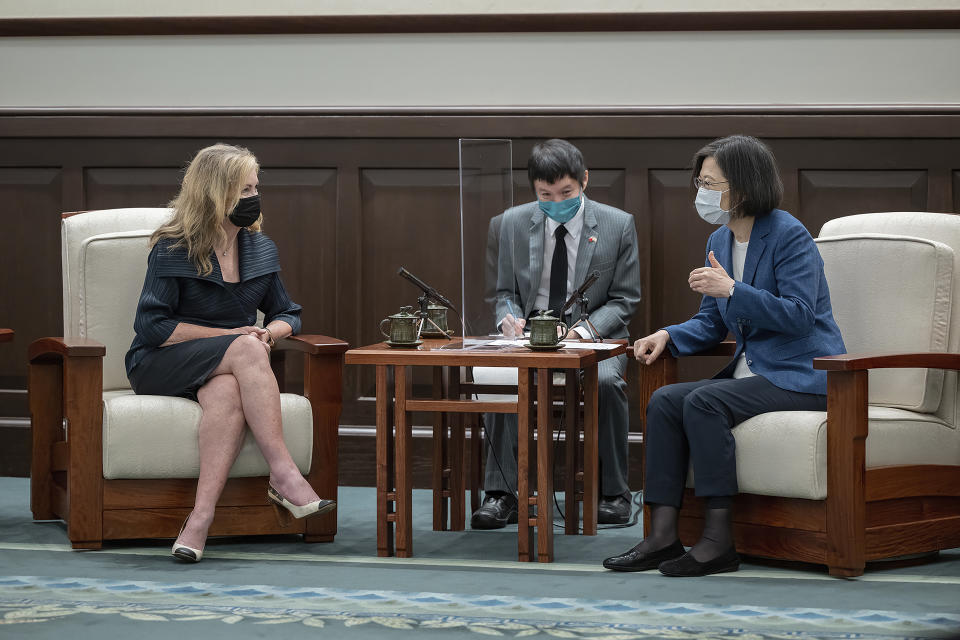 In this photo released by the Taiwan Presidential Office, U.S. Sen. Marsha Blackburn meets with Taiwan's President Tsai Ing-wen in Taipei, Taiwan on Friday, Aug. 26, 2022. Blackburn met with Tsai on Friday, in the second visit by members of Congress since House Speaker Nancy Pelosi's trip earlier this month sharply raised tensions with China. (Taiwan Presidential Office via AP)