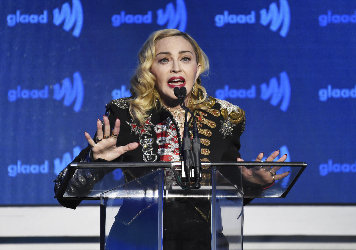 Honoree Madonna accepts the advocate for change award at the 30th annual GLAAD Media Awards at the New York Hilton Midtown on Saturday, May 4, 2019, in New York. (Photo by Evan Agostini/Invision/AP)