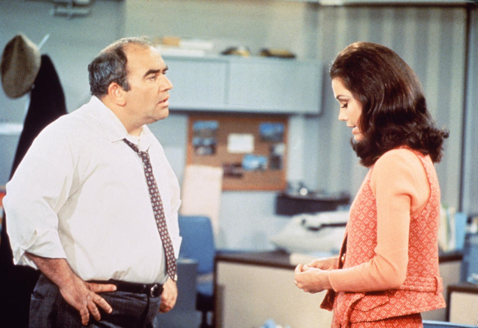 Ed Asner as Lou Grant and Mary Tyler Moore as Mary Richards in a scene from 
