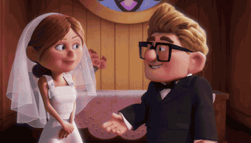 Ellie and Carl from "Up" kiss at wedding