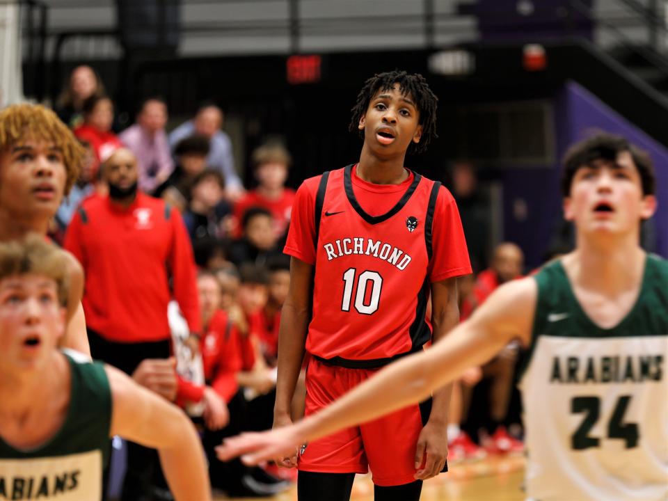 Richmond sophomore Cedric Horton watches a shot go up during a sectional game against Pendleton Heights Feb. 28, 2023.