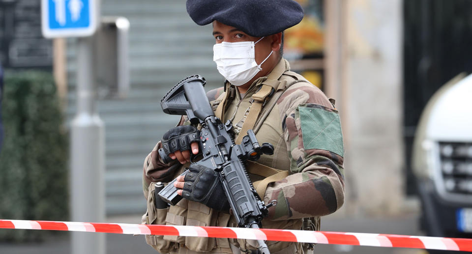 A French soldier secures the site of a knife attack in Nice on October 29, 2020.