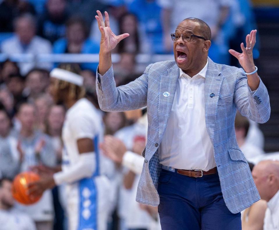 North Carolina coach Hubert Davis directs his team during the first half against Tennessee on Wednesday, November 29, 2023 at the Smith Center in. Chapel Hill, N.C.