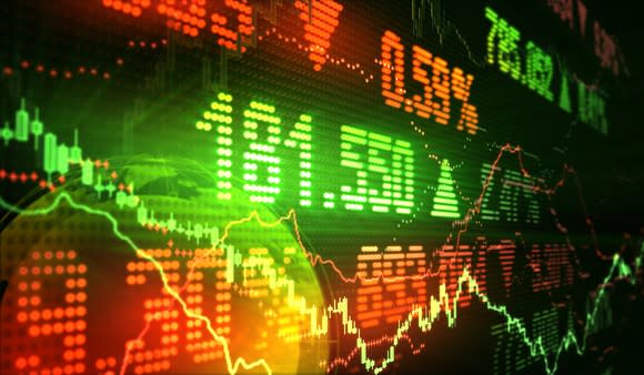 Stock market prices and charts in red and green on an LED display