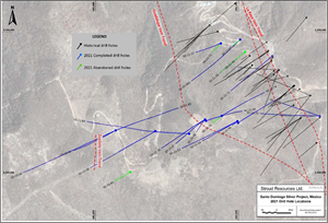 Locations of all 2021 Phase 1 diamond drill holes completed on the Santo Domingo Silver Property, the main mineralized vein systems (red dashes), and historical drill holes (black).