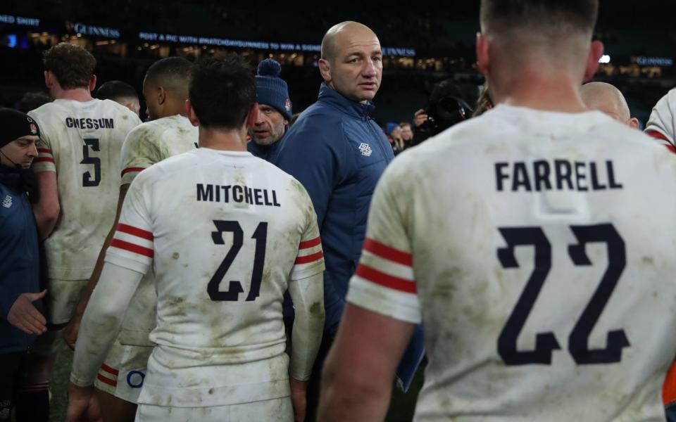 A dejected England walk off the pitch at Twickenham after defeat to France in 2023