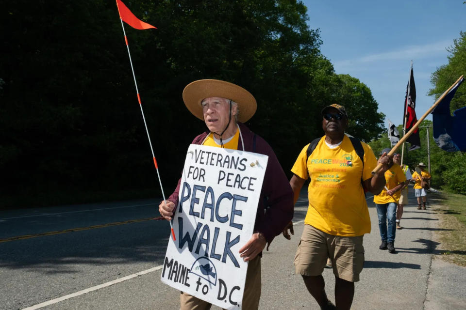  Marchers from Veterans for Peace are spending a 2-week stretch of their nearly 2-month march in Connecticut. Stops include the Naval Submarine Base New London and Electric Boat. (Shahrzad Rasekh/CT Mirror)