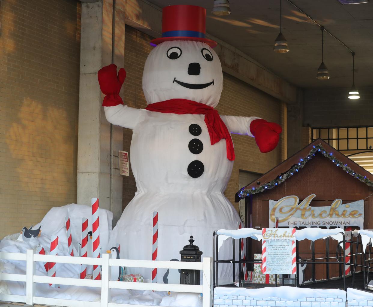 Archie the talking snowman waits for visitors at Lock 3 Park on Dec. 11, 2020.