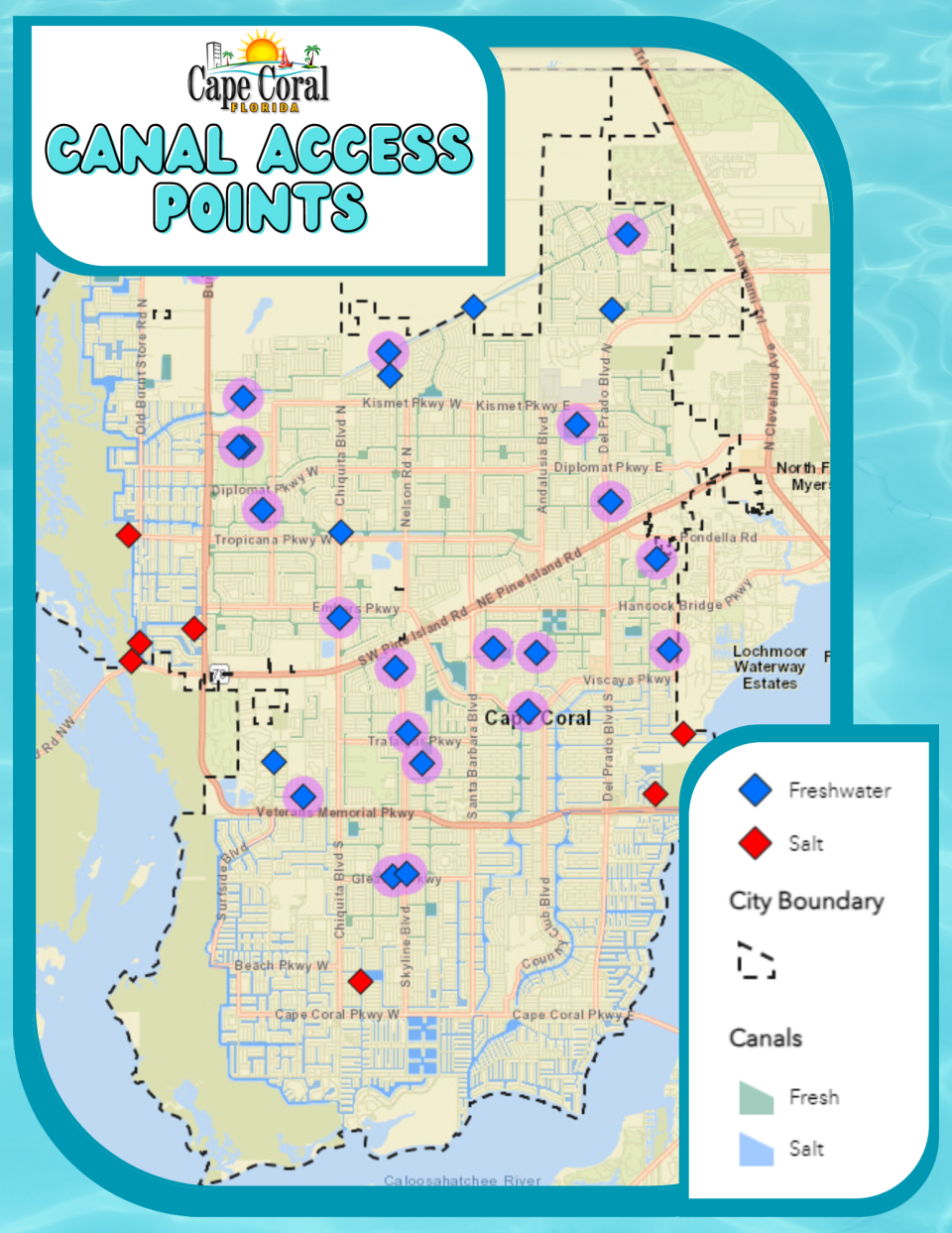 Map of canal access points available throughout the city.