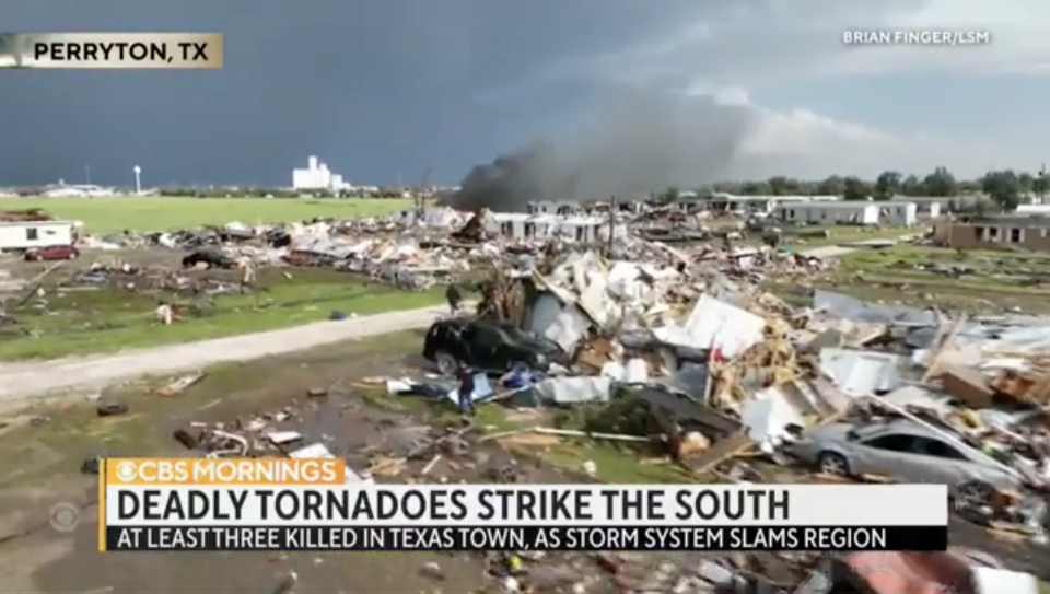 Scene of destruction in Perryton, with CBS Mornings chyron "Deadly tornadoes strike the South; at least three killed in Texas town as storm system slams region"