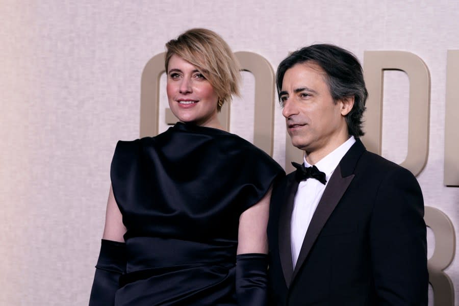 Gerta Gerwig, left, and Noah Baumbach arrive at the 81st Golden Globe Awards on Sunday, Jan. 7, 2024, at the Beverly Hilton in Beverly Hills, Calif. (Photo by Jordan Strauss/Invision/AP)
