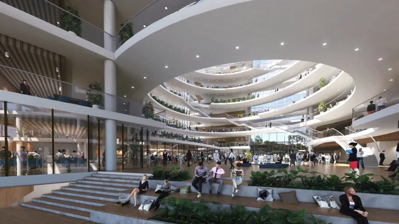 Inside the main atrium of PLP Architecture's proposed research and development facility in China's Lijia Intelligent Park.