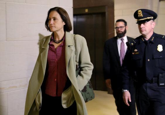 Fiona Hill, former senior director for European and Russian affairs on the National Security Council, arrives to review her testimony in the impeachment hearings (REUTERS)
