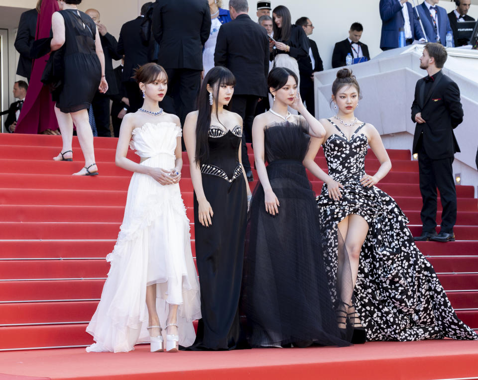 CANNES, FRANCE - MAY 24: (L-R) Kim Min Jeong (Winter), Aeri Uchinaga (Giselle), Yoo Jimin (Karina) and Ning Yi Zhuo (Ningning) of Aespa group arrive for the screening of the film "La Passion de Dodin Bouffant" during the 76th Cannes Film Festival at Palais des Festivals on May 24, 2023 in Cannes, France. (Photo by VCG/VCG via Getty Images)