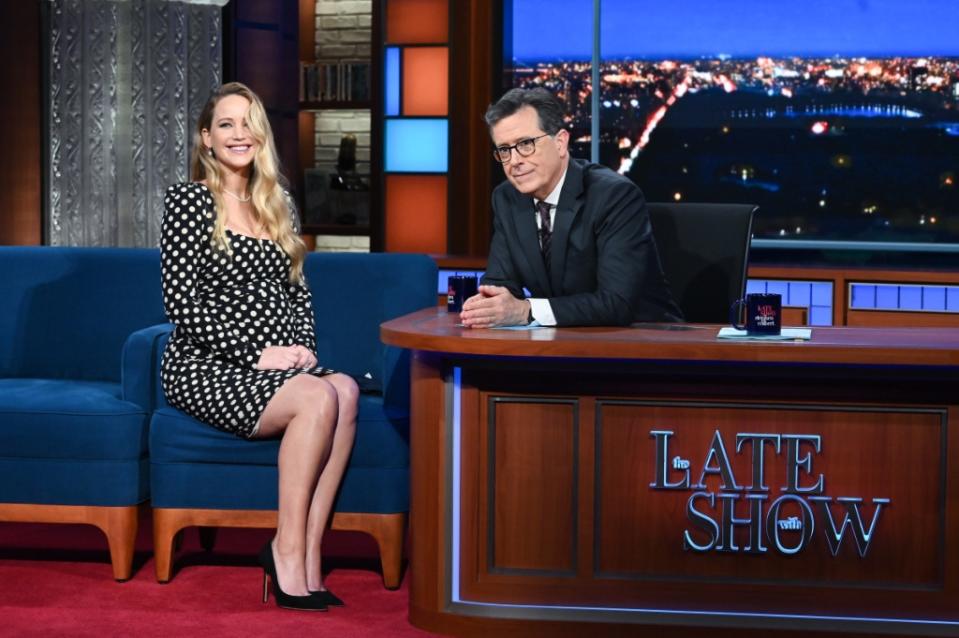 Jennifer Lawrence and Stephen Colbert on ‘Late Night with Stephen Colbert’ on Dec. 6. - Credit: Courtesy of NBCU
