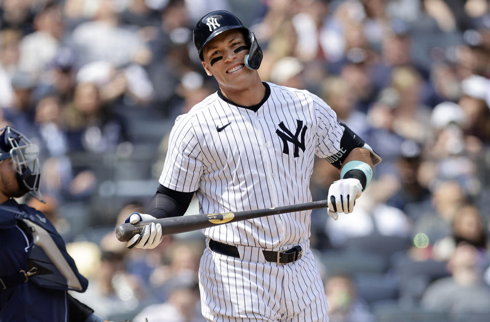 NEW YORK, NEW YORK - APRIL 20:  Aaron Judge #99 of the New York Yankees reacts after striking out during the sixth inning against the Tampa Bay Rays at Yankee Stadium on April 20, 2024 in New York City. (Photo by Jim McIsaac/Getty Images)