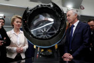 German Minister of Defence Ursula von der Leyen visits aircraft engine maker's Safran site with Safran Chief Executive Philippe Petitcolin ahead of the signing of the first contracts for joint multi-billion euros programme to develop a next-generation combat jet in Gennevilliers, France, February 6, 2019. REUTERS/Benoit Tessier