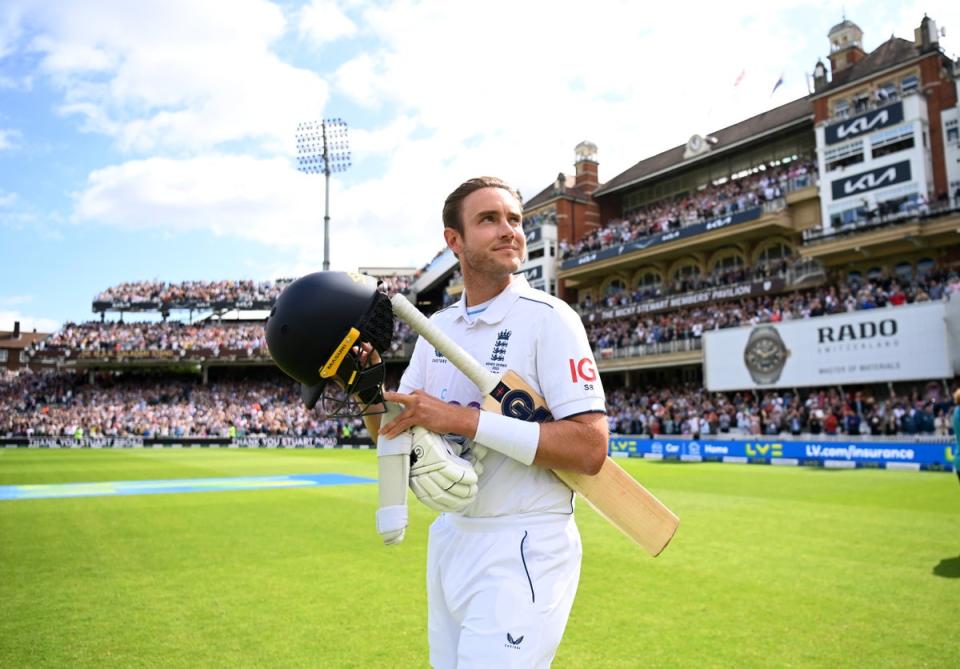 Stuart Broad walks out at The Oval during his final Test match for England (Getty)