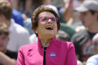 U.S. tennis legend Billie Jean King laughs during a 100 years of Centre Court celebration on day seven of the Wimbledon tennis championships in London, Sunday, July 3, 2022. (AP Photo/Kirsty Wigglesworth)