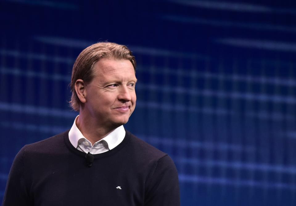 Hans Vestberg arrives on stage for a keynote discussion on 5G and mobile innovation during CES 2018 in Las Vegas. (Photo credit: MANDEL NGAN/AFP/Getty Images)