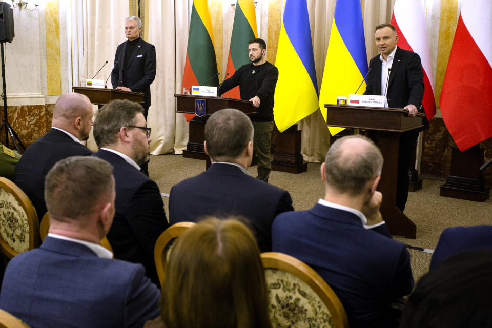 Lithuanian President Gitanas Nauseda, Ukrainian President Volodymyr Zelensky and Polish President Andrzej Duda at a press conference following their meeting on Jan. 11, in Lviv, Ukraine