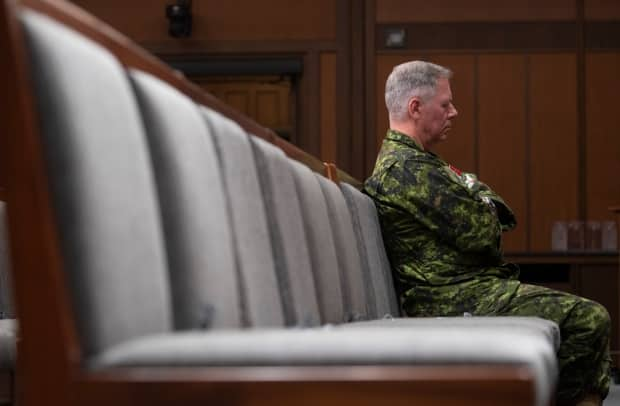 Chief of the Defence Staff Gen. Jonathan Vance sits in the front row during a news conference on Friday, June 26, 2020 in Ottawa. Vance, who is now retired, faces allegations of inappropriate behaviour that first surfaced in the media in early February. (Adrian Wyld/The Canadian Press - image credit)