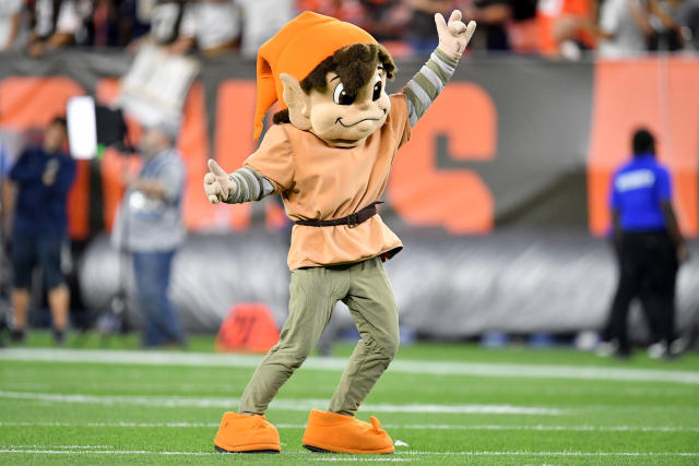 Cleveland Browns mascot Brownie the Elf walks on the field before an NFL  preseason football game between the Browns and the Philadelphia Eagles,  Sunday, Aug. 21, 2022. The Eagles won 21-20. (AP