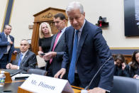 JPMorgan Chase & Co. Chairman and CEO Jamie Dimon, right, accompanied by U.S. Bancorp Chairman, President, and CEO Andy Cecere, second from left, and PNC Financial Services Group Chairman, President, and CEO William Demchak, fourth from left, appear before a House Committee on Financial Services Committee hearing on "Holding Megabanks Accountable: Oversight of America's Largest Consumer Facing Banks" on Capitol Hill in Washington, Wednesday, Sept. 21, 2022. (AP Photo/Andrew Harnik)