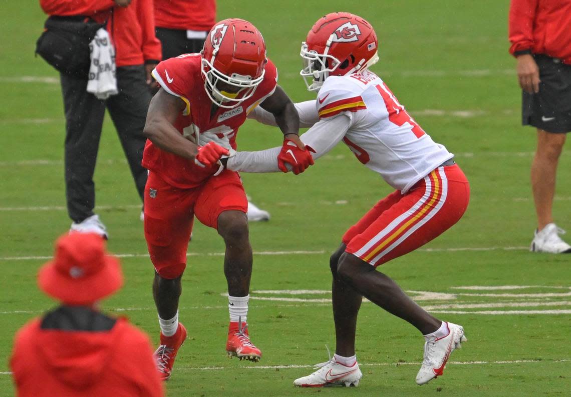 Chiefs wide receiver Ihmir Smith-Marsette (82) goes up against cornerback Ekow Boye-Doe (40) during training camp at Missouri Western State University on Friday, Aug. 4, 2023, in St. Joseph, Missouri. Tammy Ljungblad/tljungblad@kcstar.com