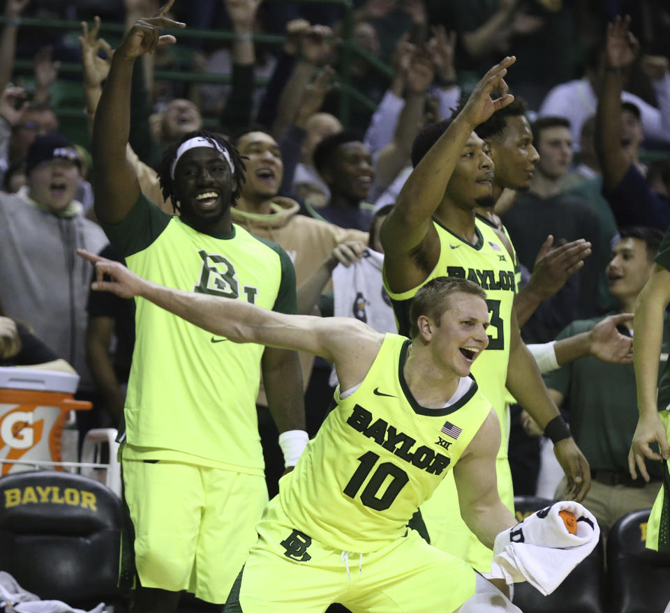 Baylor guard Makai Mason (10) reacts to a score against TCU in the second half of an NCAA college basketball game, Saturday, Feb. 2, 2019, in Waco, Texas. (Rod Aydelotte/Waco Tribune-Herald via AP)