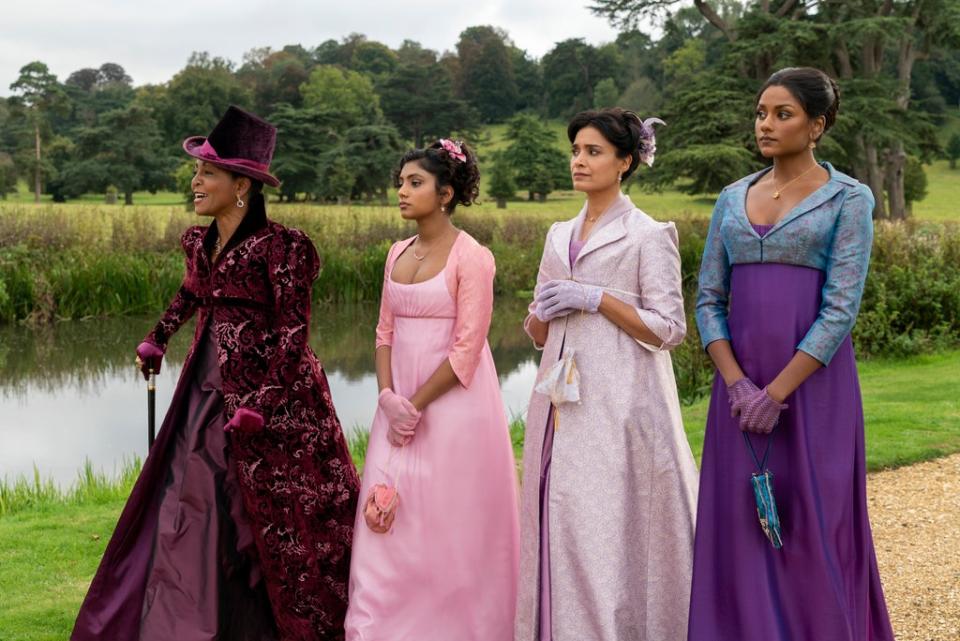 Adjoa Andoh as Lady Danbury, Charithra Chandran as Edwina Sharma, Shelley Conn as Mary Sharma, Simone Ashley as Kate Sharma in Bridgerton (LIAM DANIEL/NETFLIX)