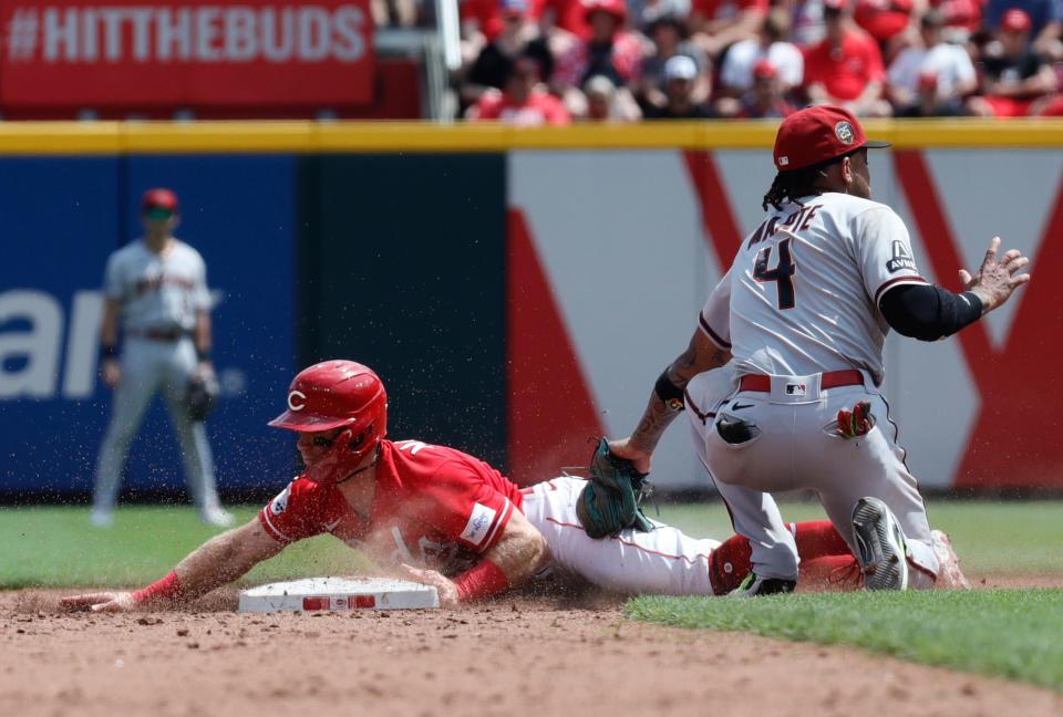 Matt McLain was caught stealing second here on Sunday, but still ended up with two hits, following consecutive games with home runs.