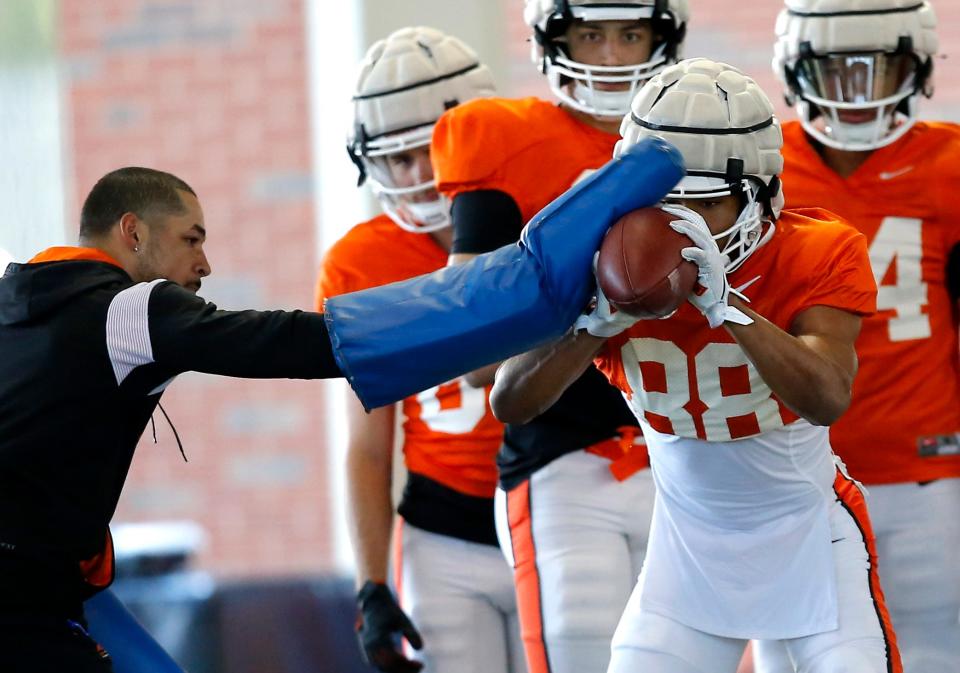 Oklahoma State's DeÕZhaun Stribling practices during an Oklahoma State Cowboys Spring football practice at the at the Sherman Smith Training Center in Stillwater, Okla., Monday, March, 27, 2023. 