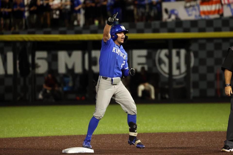 Kentucky infielder Mitchell Daly celebrates after hitting a double during the fourth inning against Oregon State at Kentucky Proud Park on Sunday night.