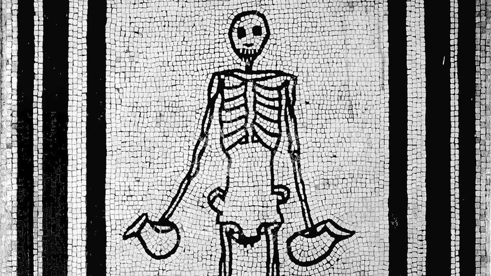 A mosaic of a skeleton from the House of Vestals in Pompeii holding jugs of wine - Werner Forman Archive/Shutterstock