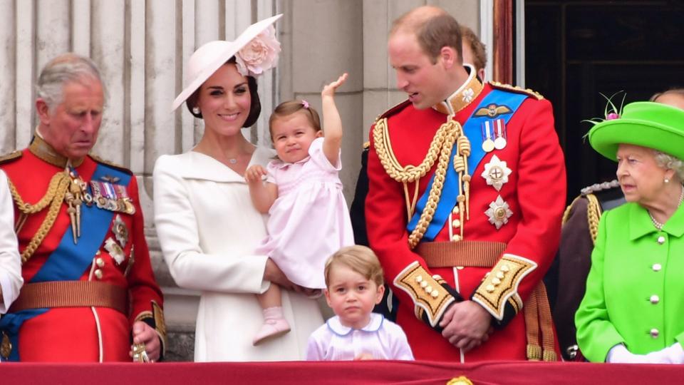 Charles, Prince of Wales, Catherine, Duchess of Cambridge, Princess Charlotte, Prince George and Prince William, Duke of Cambridge and Queen Elizabeth II stand on the balcony during the Trooping the Colour, this year marking the Queen's 90th birthday at The Mall on June 11, 2016 in London, England