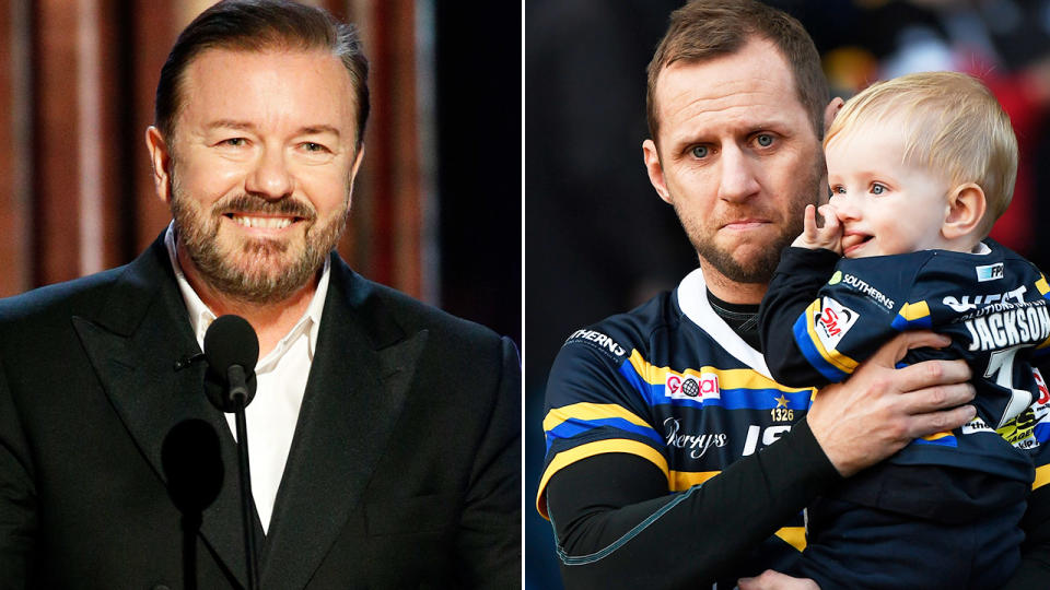 Ricky Gervais and Rob Burrow, pictured here earlier in 2020.