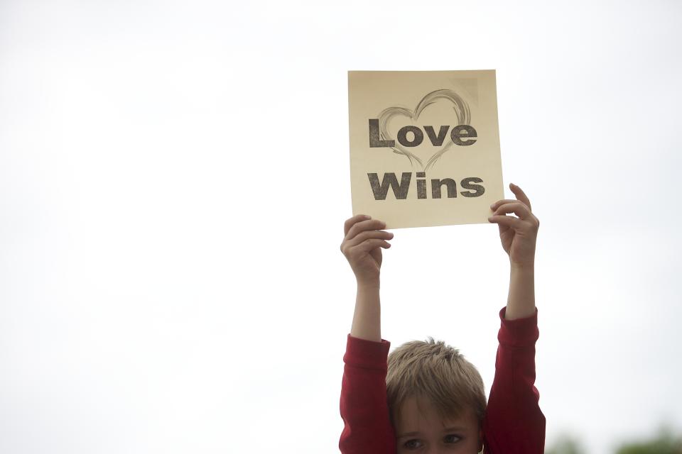 A boy holds up a sign during a rally by gay rights supporters on the steps of the Pennsylvania State Capital after a ruling struck down a ban on same sex marriage in Harrisburg, Pennsylvania, May 20, 2014. (REUTERS/Mark Makela)