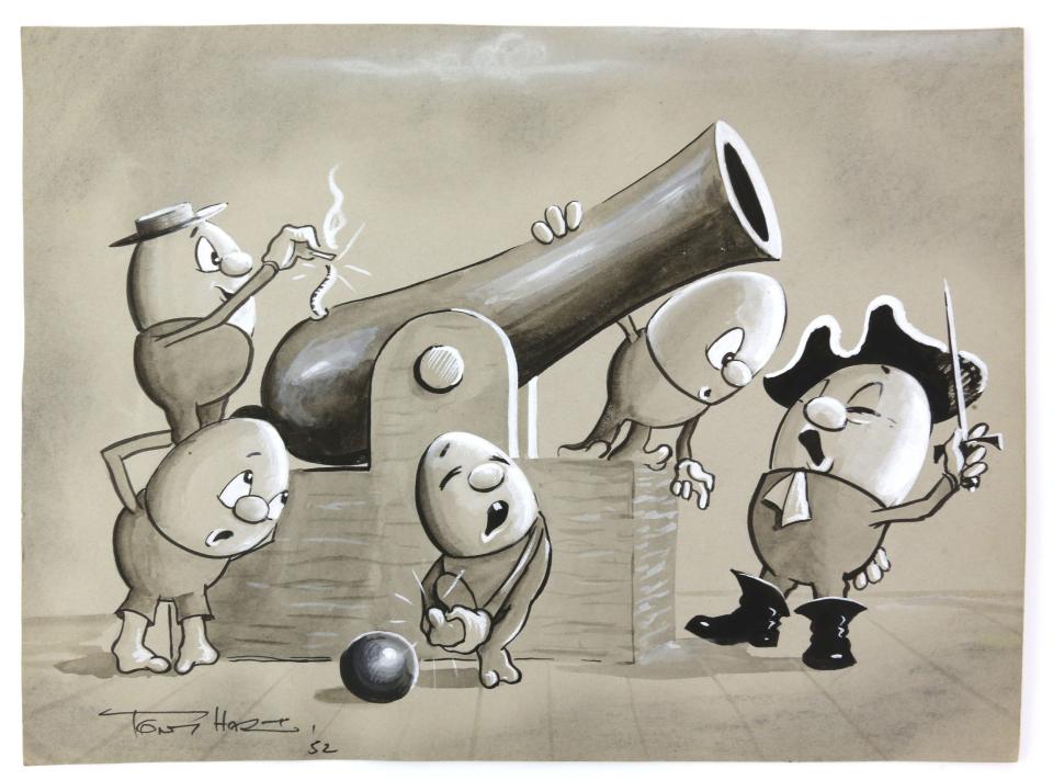 Egg pirates firing a cannon on an ink and watercolour signed by Tony Hart