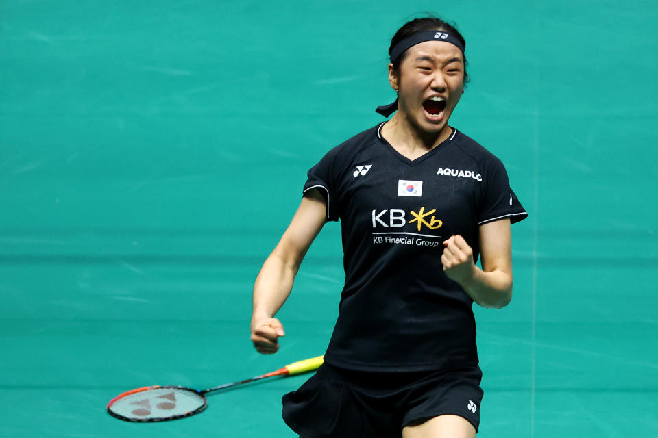 South Korean shuttler An Se Young roars in delight after winning the women's singles title at the 2023 KFF Singapore Badminton Open.