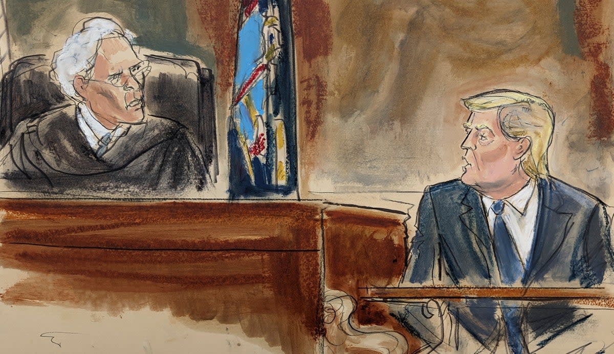 A courtroom sketch depicts Donald Trump on the witness stand in a civil fraud trial on 25 October, 2023. (AP)