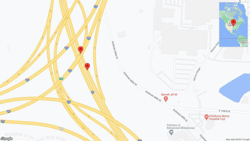 A detailed map that shows the affected road due to 'Broken down vehicle on northbound I-40/US-71 in Kansas City' on January 3rd at 11:40 p.m.